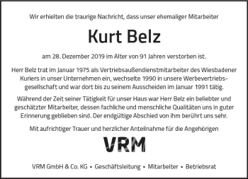 Traueranzeige von Kurt Belz von vrm-trauer