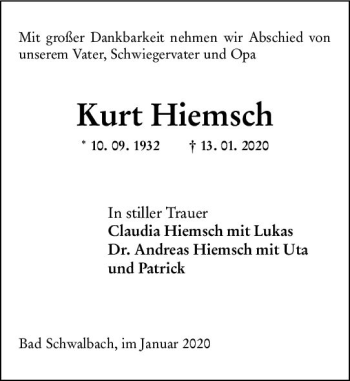 Traueranzeige von Kurt Hiemsch von vrm-trauer