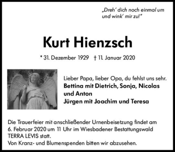 Traueranzeige von Kurt Hienzsch von vrm-trauer