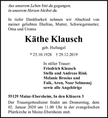 Traueranzeige von Käthe Klausch von vrm-trauer