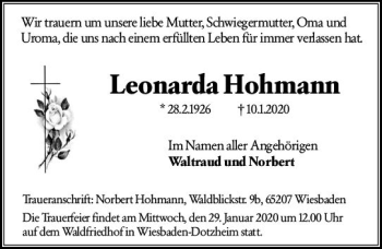 Traueranzeige von Leonarda Hohmann von vrm-trauer