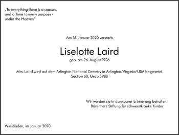 Traueranzeige von Liselotte Laird von vrm-trauer