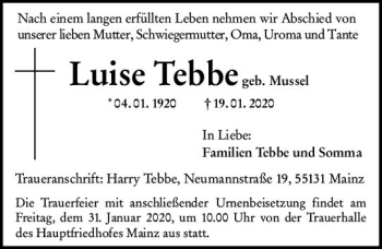 Traueranzeige von Luise Tebbe von vrm-trauer