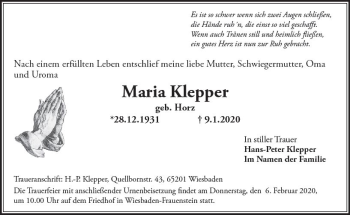 Traueranzeige von Maria Klepper von vrm-trauer