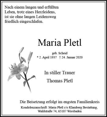 Traueranzeige von Maria Pletl von vrm-trauer