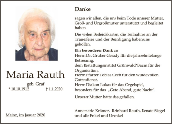 Traueranzeige von Maria Rauth von vrm-trauer