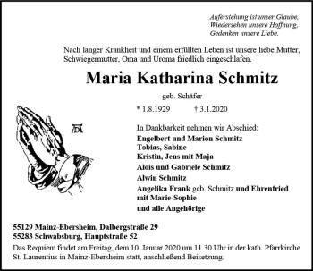 Traueranzeige von Maria Katharina Schmitz von vrm-trauer