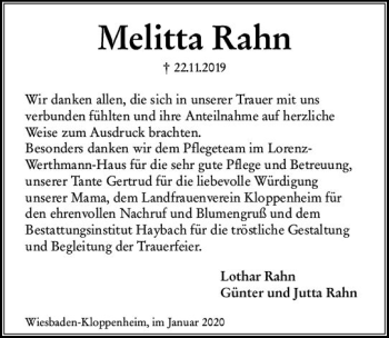 Traueranzeige von Melitta Rahn von vrm-trauer
