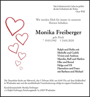 Traueranzeige von Monika Freiberger von vrm-trauer