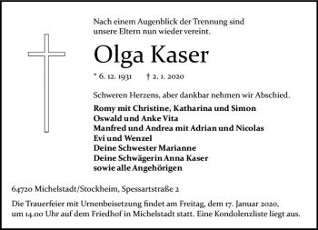 Traueranzeige von Olga Kaser von vrm-trauer