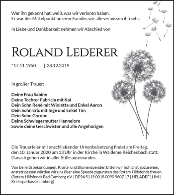 Traueranzeige von Roland Lederer von vrm-trauer