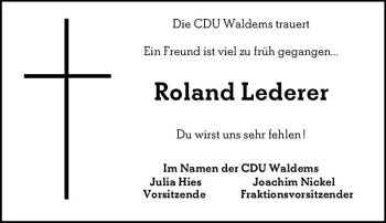Traueranzeige von Roland Lederer von vrm-trauer