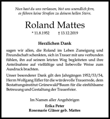 Traueranzeige von Roland Mattes von vrm-trauer
