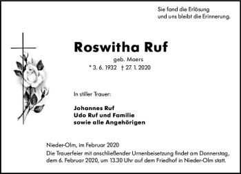 Traueranzeige von Roswitha Ruf von vrm-trauer