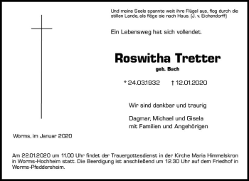Traueranzeige von Roswitha Tretter von vrm-trauer