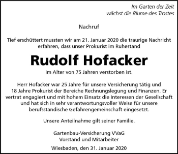Traueranzeige von Rudolf Hofacker von vrm-trauer