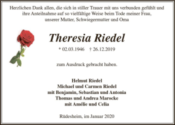 Traueranzeige von Theresia Riedel von vrm-trauer
