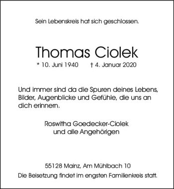 Traueranzeige von Thomas Ciolek von vrm-trauer