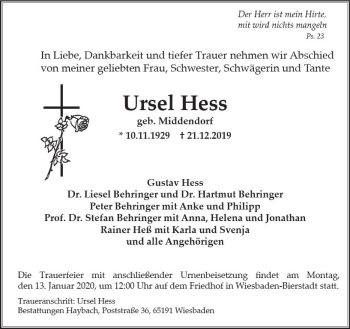 Traueranzeige von Ursel Hess von vrm-trauer