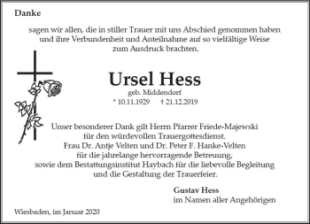 Traueranzeige von Ursel Hess von vrm-trauer