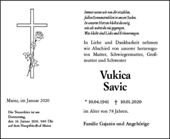 Traueranzeige von Vukica Savic von vrm-trauer
