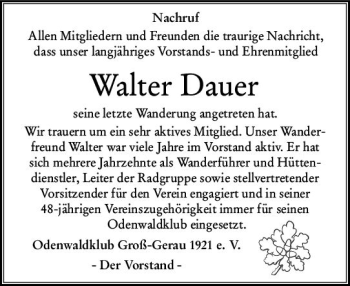 Traueranzeige von Walter Dauer von vrm-trauer