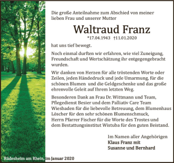 Traueranzeige von Waltraud Franz von vrm-trauer