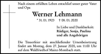 Traueranzeige von Werner Lehmann von vrm-trauer