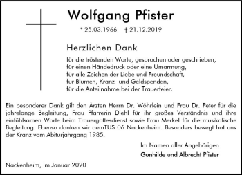 Traueranzeige von Wolfgang Pfister von vrm-trauer