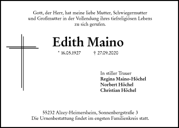 Traueranzeige von Edith Maino von VRM Tageszeitungen