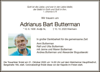 Traueranzeige von Adrianus Bart Butterman von vrm-trauer