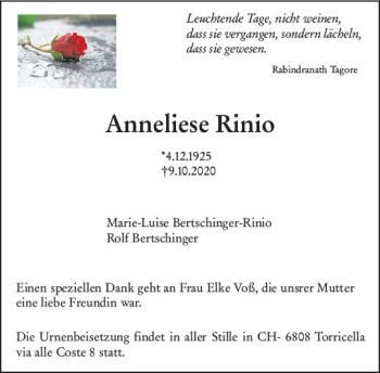 Traueranzeige von Anneliese Rinio von vrm-trauer