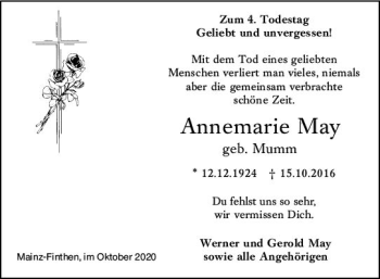 Traueranzeige von Annemarie May von vrm-trauer