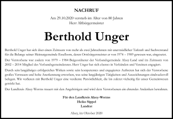 Traueranzeige von Berthold Unger von vrm-trauer