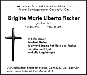 Traueranzeige von Brigitte Marie Liberia Fischer von vrm-trauer