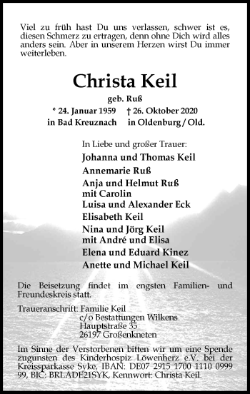 Traueranzeige von Christa Keil von vrm-trauer