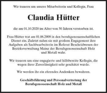 Traueranzeige von Claudia Hütter von vrm-trauer