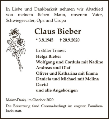 Traueranzeige von Claus Bieber von vrm-trauer