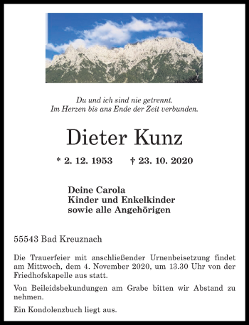 Traueranzeige von Dieter Kunz von vrm-trauer