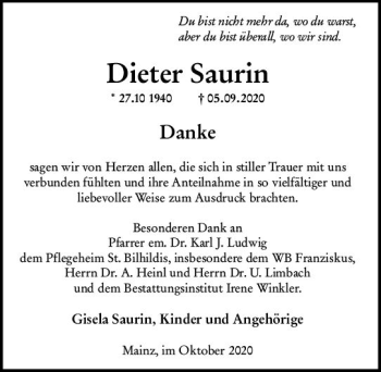 Traueranzeige von Dieter Saurin von vrm-trauer