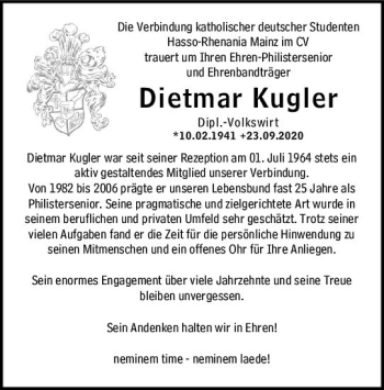 Traueranzeige von Dietmar Kugler von vrm-trauer
