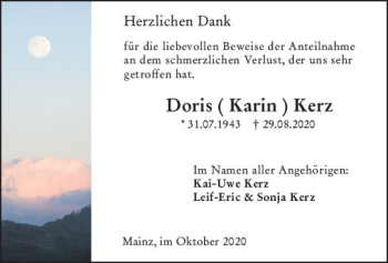 Traueranzeige von Doris Karin Kerz von vrm-trauer