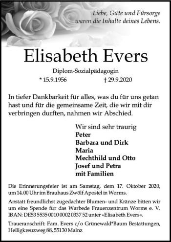 Traueranzeige von Elisabeth Evers von vrm-trauer