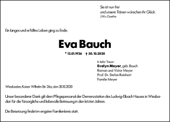 Traueranzeige von Eva Bauch von vrm-trauer