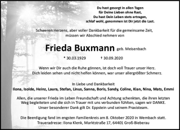 Traueranzeige von Frieda Buxman von vrm-trauer