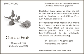 Traueranzeige von Gerda Fraß von vrm-trauer