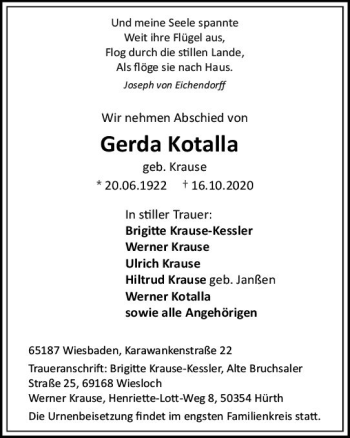 Traueranzeige von Gerda Kotalla von vrm-trauer