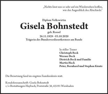 Traueranzeige von Gisela Bohnstedt von vrm-trauer