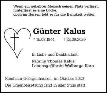 Traueranzeige von Günter Kalus von vrm-trauer