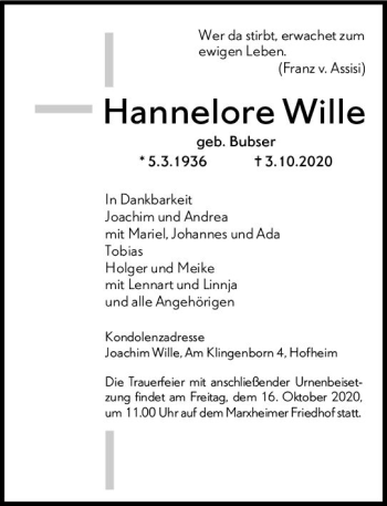 Traueranzeige von Hannelore Wille von vrm-trauer